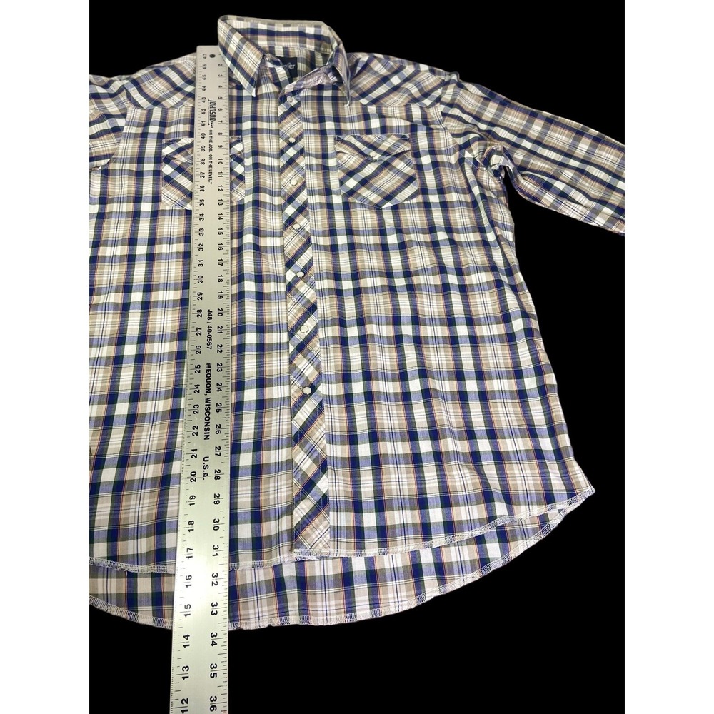 Wrangler Single Needle Mens Blue Plaid Pearl Snap Long Tail‎ Size XL - Picture 12 of 13